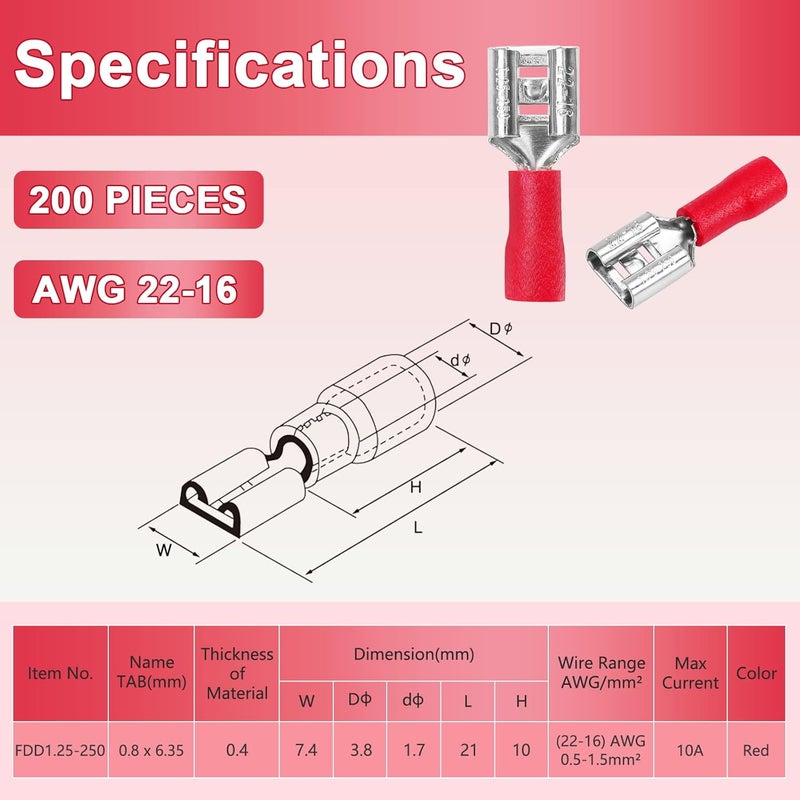 PRECIHW 200 Pcs Red Female Quick disconnects Vinyl Insulated Spade Wire Connectors, Electrical Crimp Terminal 22-16 AWG (6.3mm) - Image 2
